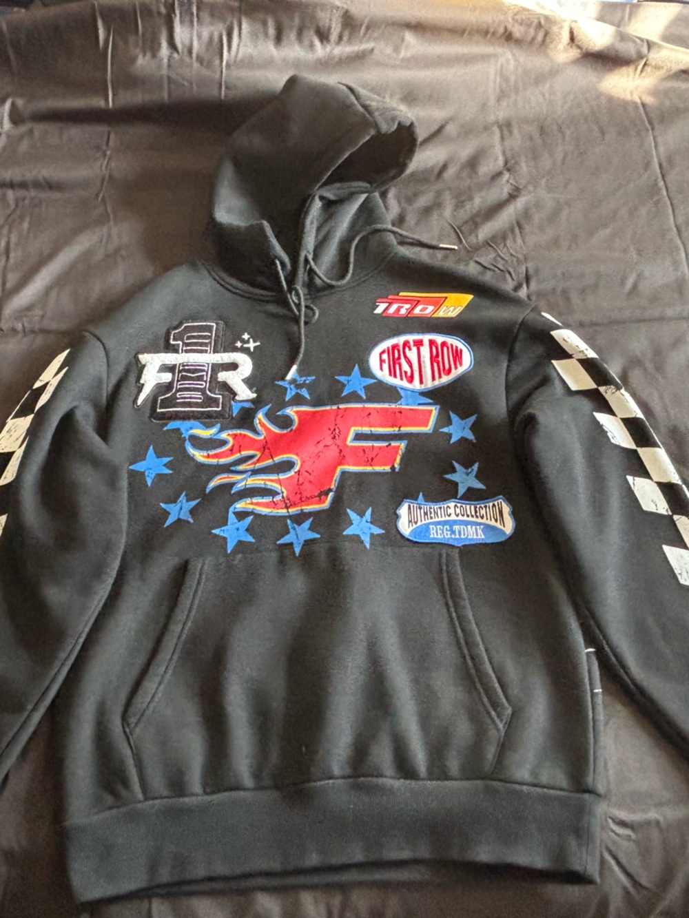 Black Racing Graphic Hoodie with Checker Sleeves